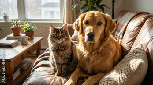 Golden Retriever Dog and Fluffy Tabby Cat Sitting Together Peacefully on a Leather Couch in a Sunlit Living Room