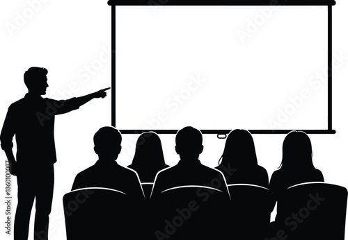 Speaker pointing at blank projection screen silhouette Audience meeting presentation training seminar icon vector