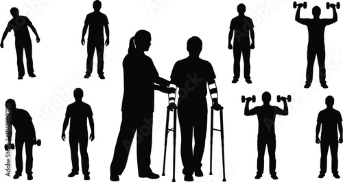 Diverse Fitness and Rehabilitation Silhouettes Collection Workout poses weightlifting and physical therapy walking support black vector set