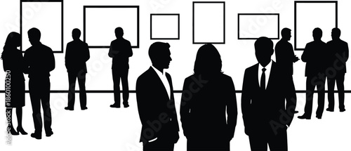 Silhouettes of Business People Networking or Viewing Art in a Gallery Exhibition Vector Illustration