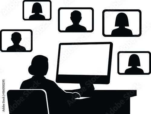 Video conference call icon Remote worker on computer connecting with team members Black and white vector silhouette