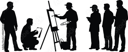 Artists and students group silhouettes engaged in painting and drawing activities black and white vector graphic