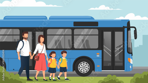 Family walking towards blue bus in vector illustration showing togetherness and transport