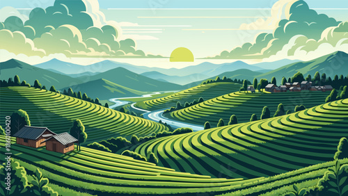 Vibrant vector illustration of rolling green tea plantations under a bright sun, showcasing rural charm and picturesque landscape with a winding river and distant villages