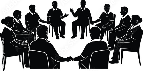 Black and white silhouette vector of people sitting in a circle for a group meeting discussion or support session