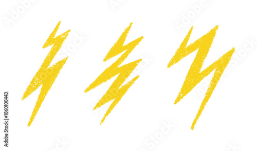 Doodle crayon lightning symbols set. Hand drawn chalk lightning icon with grunge texture. Graphic element. Crayon doodle yellow thunder. Vector pencil illustration isolated on white background.