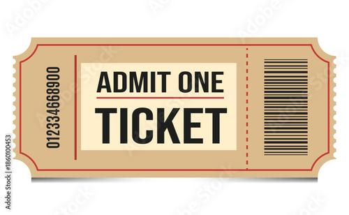 Vintage admit one ticket with barcode and serial number