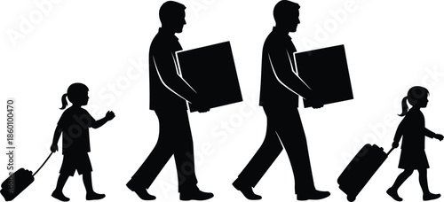 Business and Family Moving Traveling Silhouettes Carrying Boxes and Luggage Icon