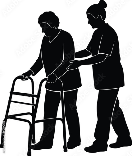 Elderly woman with walker supported by female caregiver silhouette vector illustration