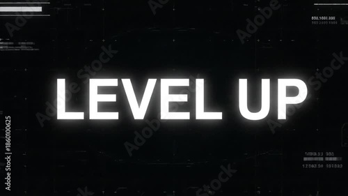 A bright white 'LEVEL UP' text on a black background with a white border at the bottom, suitable for gaming or motivational themes, with a dark and moody atmosphere.