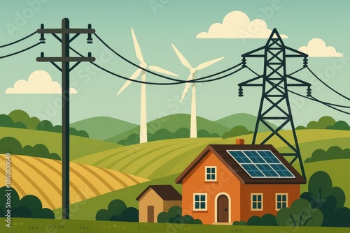 Panels wind turbines generating charming illustration depicts landscape featuring cozy equipped roof, clean energy, sustainable rural, home solar.