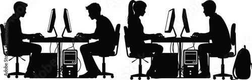 Group of students or business people silhouettes working on desktop computers at desks in a school or office setting vector graphic