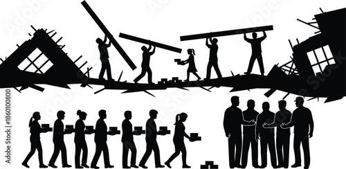 Teamwork and Community Rebuilding Effort Silhouette Vector Illustration of People Working on a Demolished Structure or Disaster Cleanup