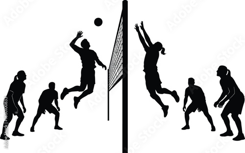 Volleyball game silhouette vector illustration with spiking and blocking action over the net