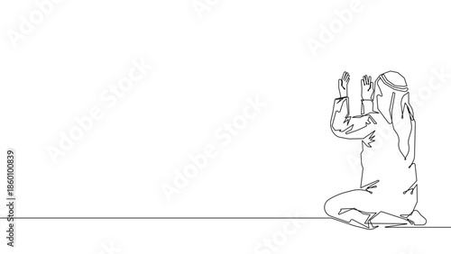 Continuous one line Muslim woman praying illustration, Islamic dua worship and Ramadan spiritual devotion concept, minimalist linear vector design