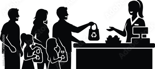 Family using reusable bags for grocery shopping at store checkout counter simple black silhouette icon