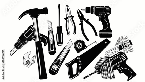 Illustration of various hand tools and power tools for construction and repair work.