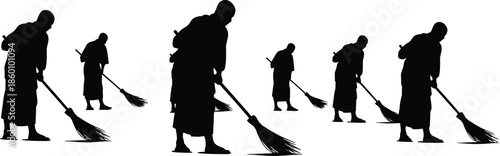 Buddhist monks sweeping the ground silhouette set in robes with traditional brooms vector graphic
