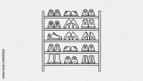 Illustration of a shoe rack filled with various types of footwear.