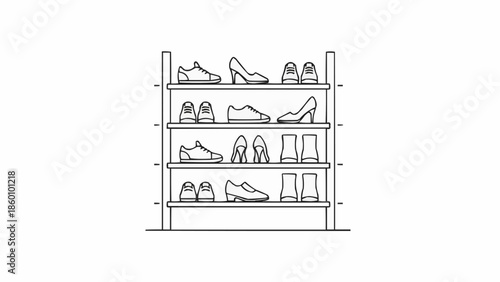 Illustration of a shoe rack with various footwear neatly organized on shelves.