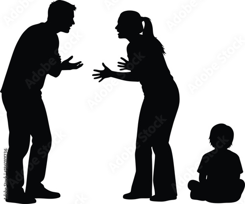 Family Conflict Silhouette Parents Arguing Child Sitting Alone Vector Illustration of Domestic Dispute