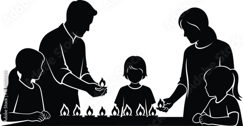 Family Lighting Traditional Oil Lamps Silhouette Icon Festival of Lights Celebration