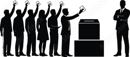 Voting Silhouettes Line Up People Casting Ballots into Box and Holding Up Voted Cards Black and White Vector Illustration of Election Day