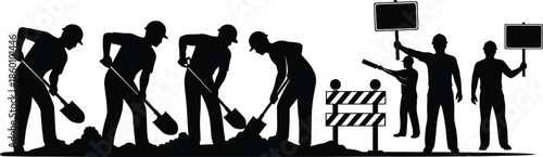 Construction workers silhouette set road repair crew with shovels blank signs and construction barrier