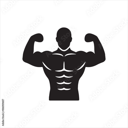 Powerful Muscular Bodybuilder Silhouette Posing with Biceps Showing Strength and Fitness on a White Background