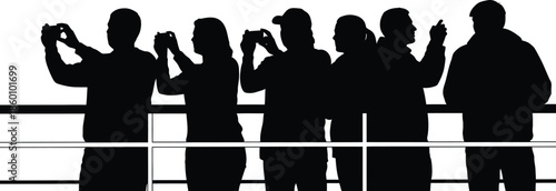 Tourists Taking Photos Silhouette Vector Group of People Recording Audience Standing Behind Railing High Contrast Black and White Graphic