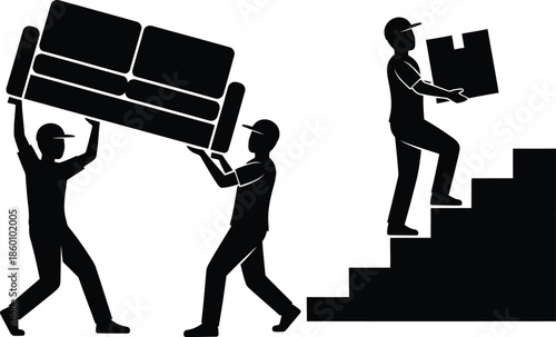 Professional Movers Carrying Sofa and Box Up Stairs Silhouette Vector Icon for Relocation Service