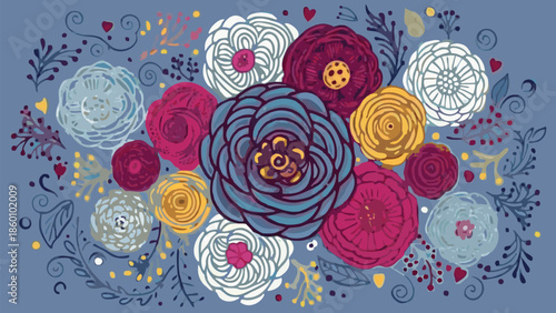 Vibrant floral bouquet with colorful flowers and leaves on blue background