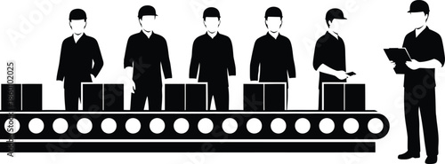 Industrial workers team operating production line conveyor belt black silhouette