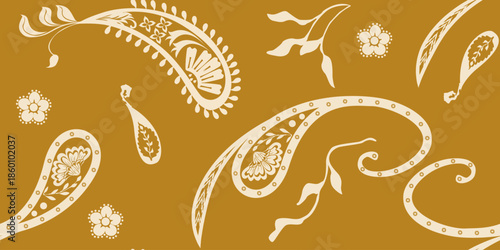 Gentle classic paisley with floral details seamless pattern. Elegant delicate flower folk style.