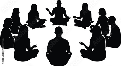 Group Meditation Circle Silhouette Vector Illustration People Sitting in a Spiritual or Wellness Session
