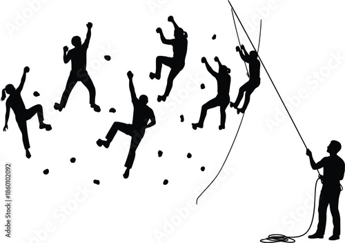 Rock Climbing and Rappelling Silhouettes Vector Illustration of Extreme Sport Activity