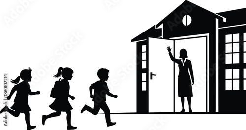 School children running into building entrance welcomed by teacher silhouette vector illustration