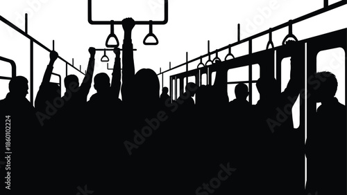 Black and white vector silhouette of people holding handrails inside a crowded subway train or bus