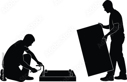 Two men assembling flat pack furniture silhouette DIY home improvement vector illustration