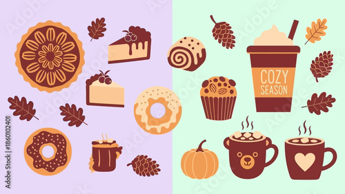 Cozy autumnal treats and beverages with fall decorations.