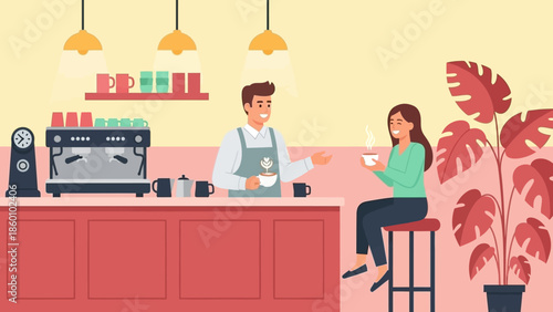 Coffee shop scene with barista and customer.