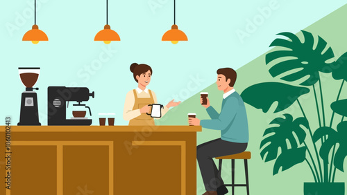 Couple enjoying coffee together at a modern cafe counter.