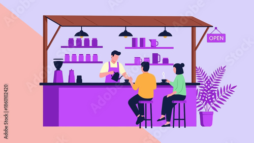 Coffee shop scene with customers and barista.