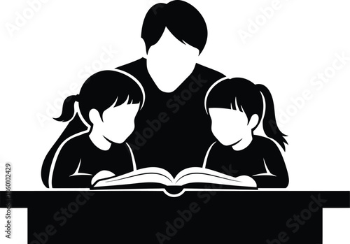 Adult Teaching Two Children to Read Book Icon Simple Black and White Silhouette Vector