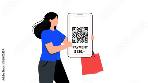 Woman making online payment with smartphone and shopping bag.