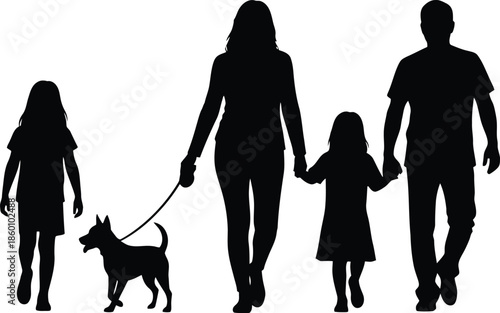 Happy Family Walking Together Silhouette with Two Children and Dog Vector