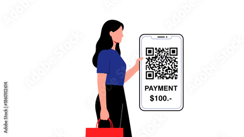 Woman making a payment using a smartphone with a QR code.