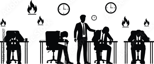 Corporate Burnout Silhouette Overworked Businessmen Sleeping at Desk with Clocks and Flames Representing Deadline Pressure and Stress Vector Graphic