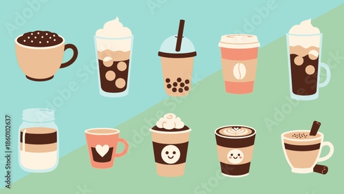 Assorted Coffee and Tea Drinks with Various Toppings and Flavors.