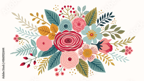 Vibrant floral bouquet with colorful flowers and leaves arrangement